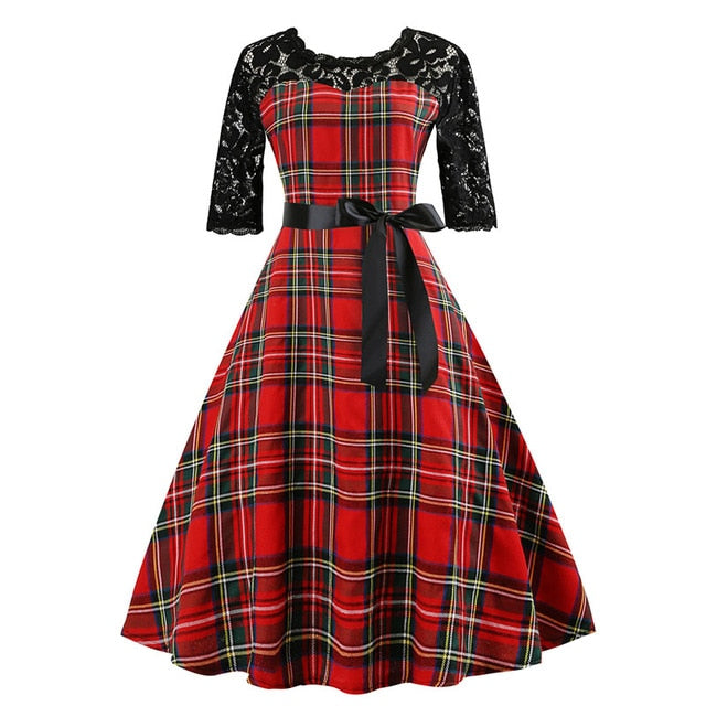 Autumn Lace Retro Vintage Dress Slim Plaid Print