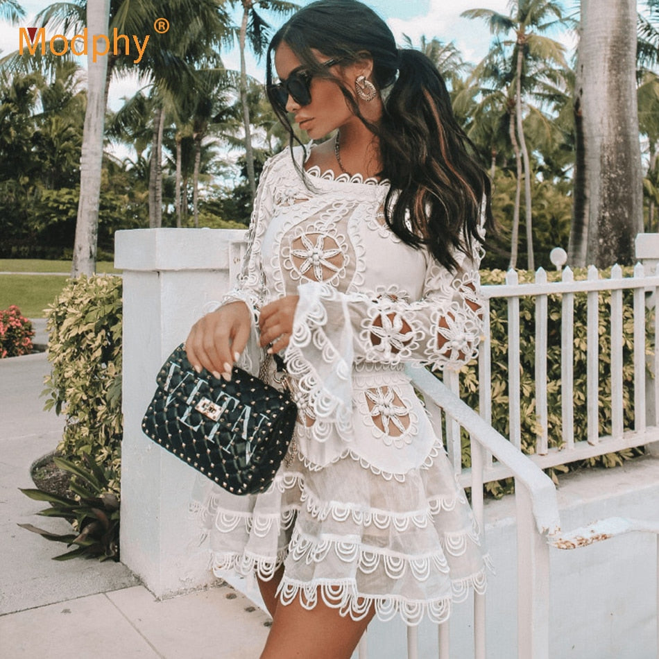 2019 new elegant white lace openwork chiffon