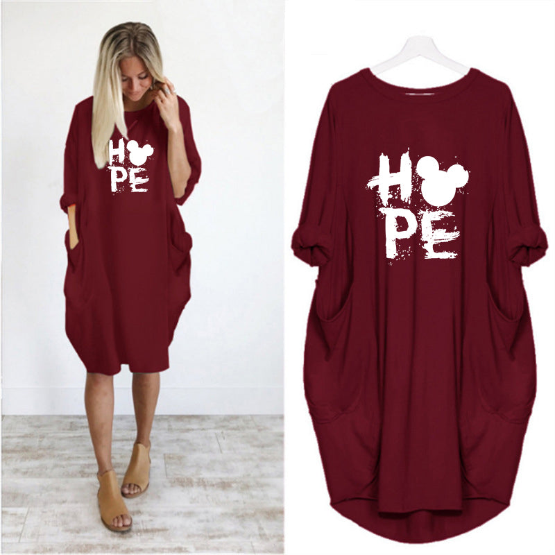 2019 Dress Printing Hope  Pocket Loose Dresses