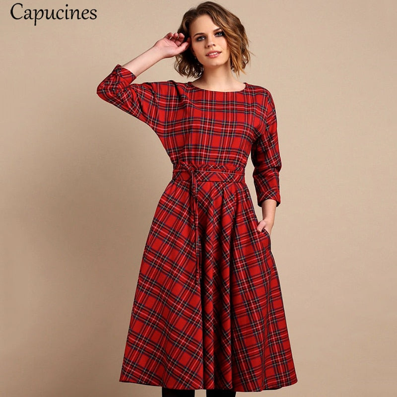 Classic England Style Red Plaid Dress Women Autumn