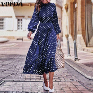 2019 Autumn Dress VONDA Dot Printed Vintage