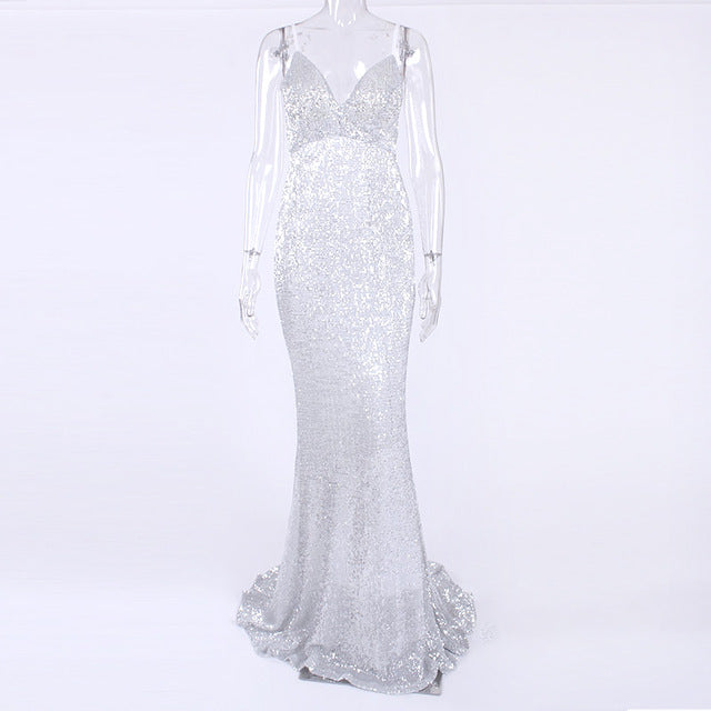 Sexy Silver Sequined Maxi Party Dress Stretch