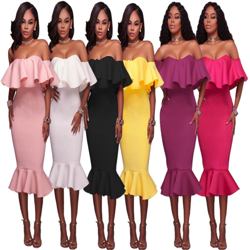 Sexy Off Shoulder Ruffle Midi Dress 2019 New Women