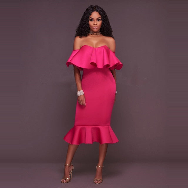 Sexy Off Shoulder Ruffle Midi Dress 2019 New Women