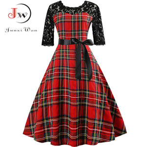 Autumn Lace Retro Vintage Dress Slim Plaid Print